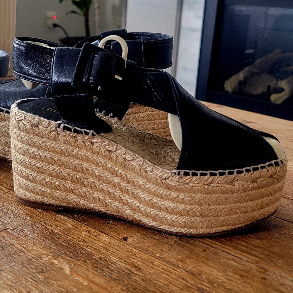 Celine Black and Tan Wedge Espadrilles